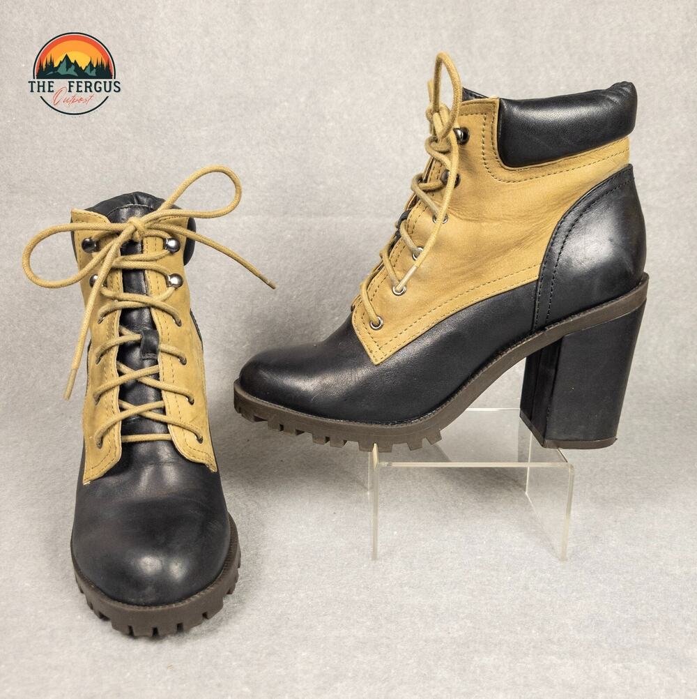 ALDO Combat Boots Beige Black Leather Lace Up Block Heel Whimsigoth Women's 6.5